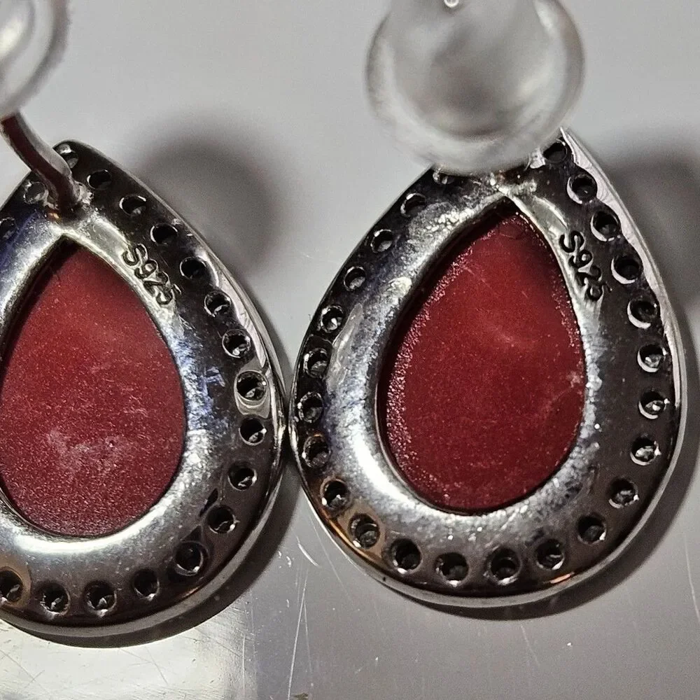 Sterling Silver With Red Teardrop Shaped Rhinestone Accent Dainty Earrings